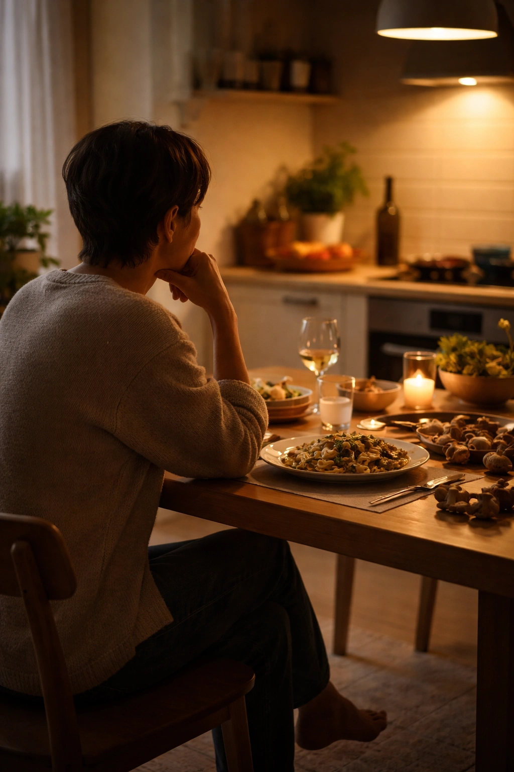 Silhouette of a person in thoughtful pose at a dining table
