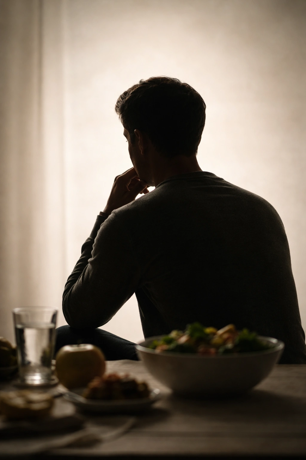 Silhouette of a person in a contemplative pose against a plain background