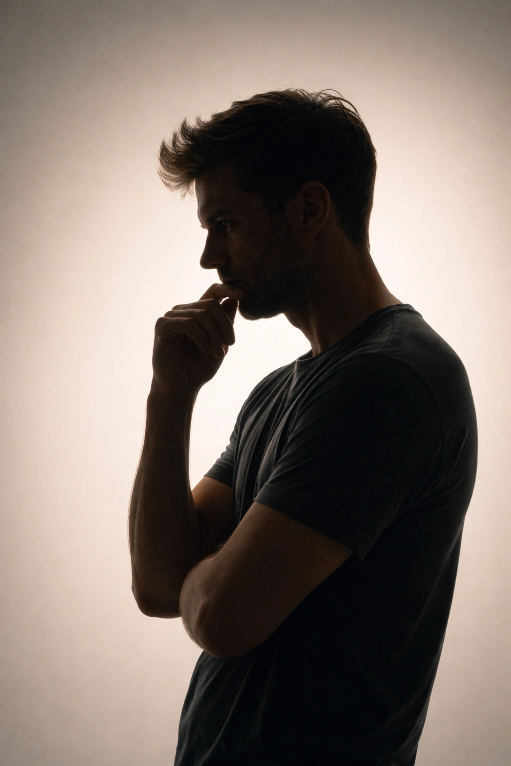 Single silhouette in a contemplative pose against a neutral gradient background