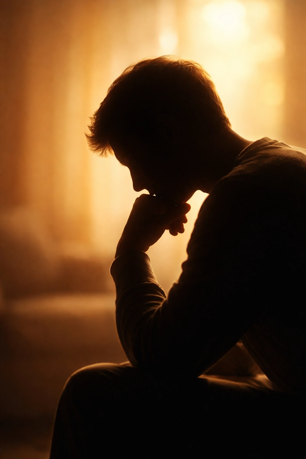 Silhouette of a contemplative person with warm lighting against a neutral background