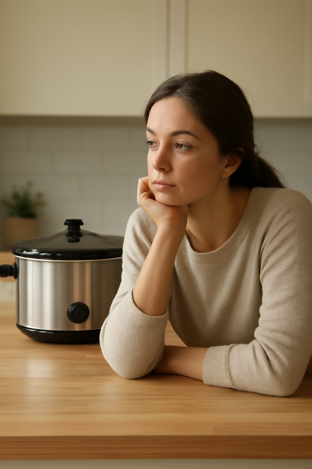 Contemplative cook in a quiet kitchen reflecting on dump-and-go meals