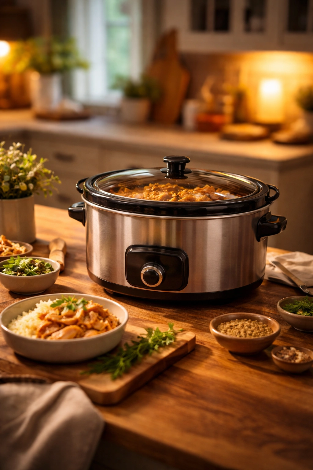 Cozy kitchen with slow cooker on wooden counter under warm lighting