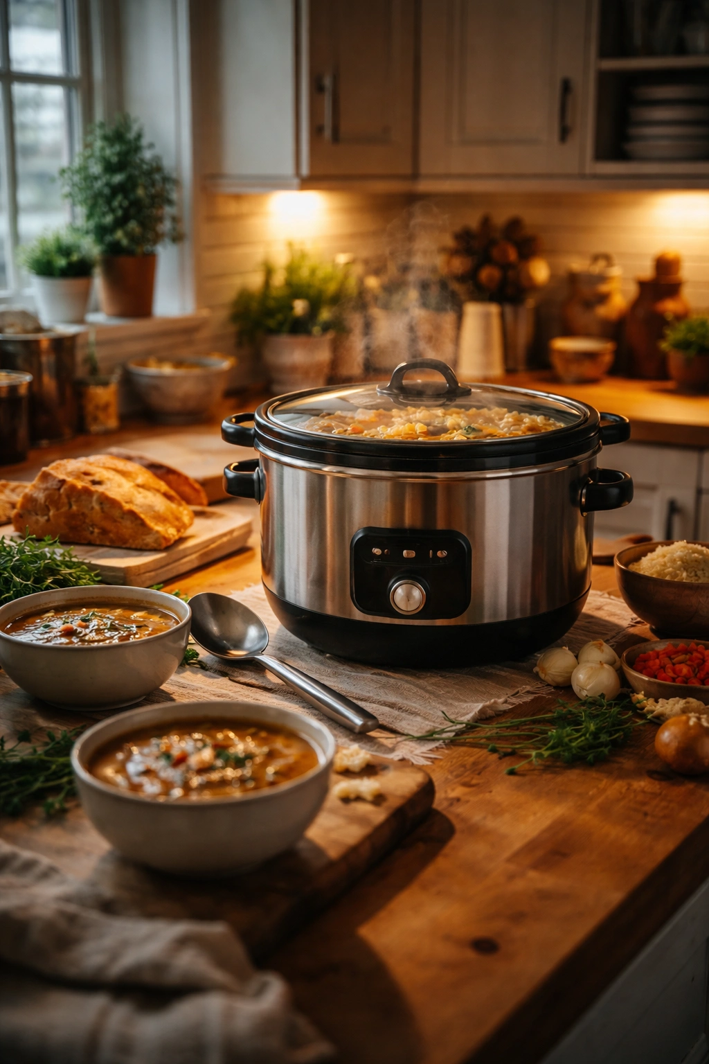 Cozy kitchen with a glowing slow cooker on the counter