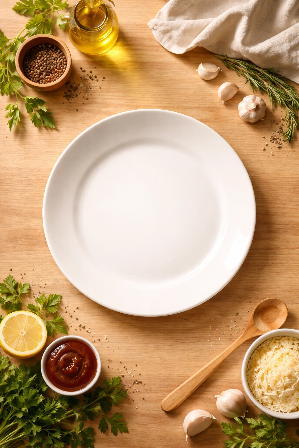 Empty plate on wooden surface with soft lighting, concept of final thoughts