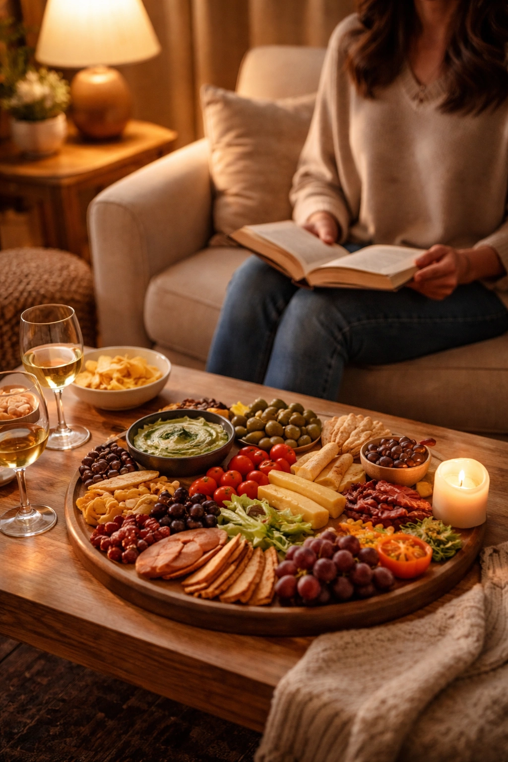 Cozy living room with book and snack board