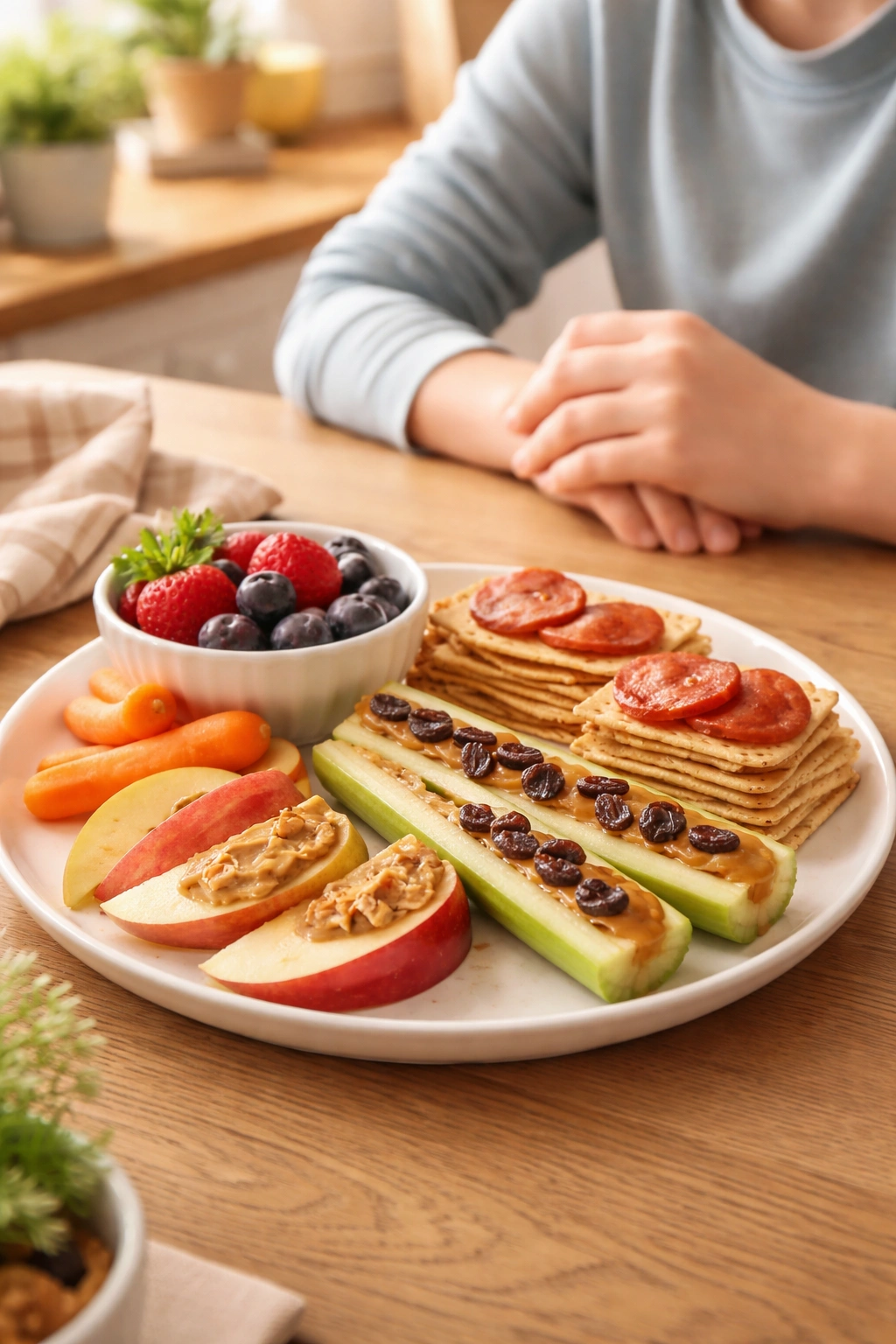 Thoughtful kitchen moment with a plate of simple snacks