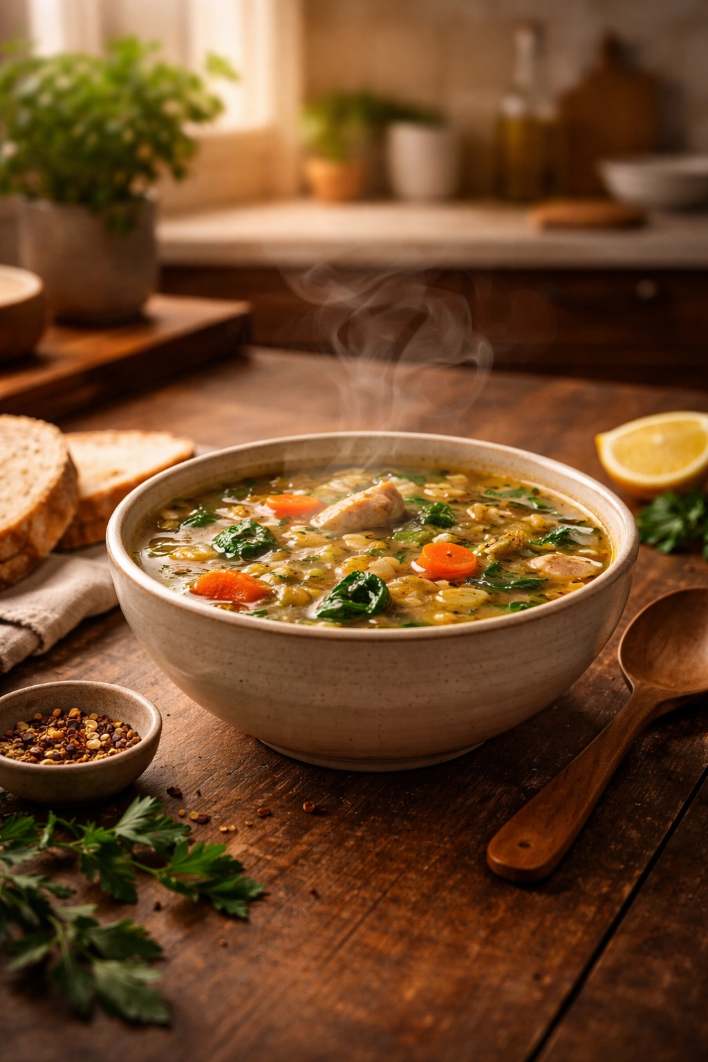 Cozy, steaming bowl of soup in warm kitchen