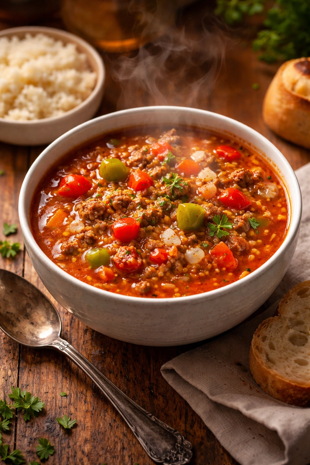 Warm steaming bowl of stuffed pepper soup on a wooden table