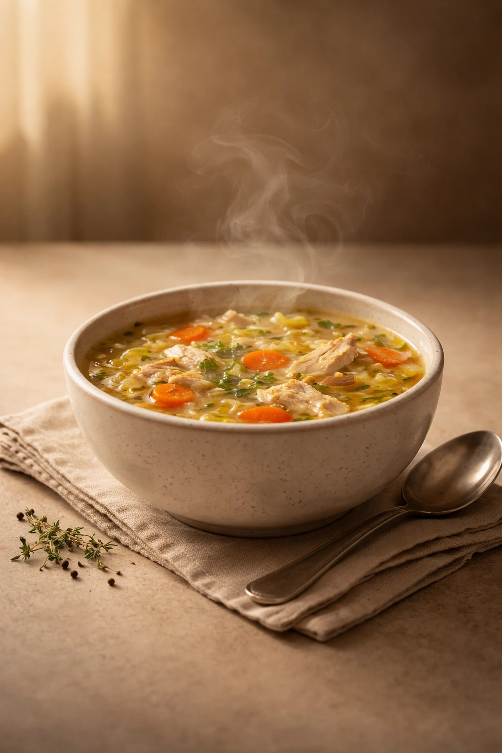 Solitary steaming bowl of soup on a plain surface, calm and reflective