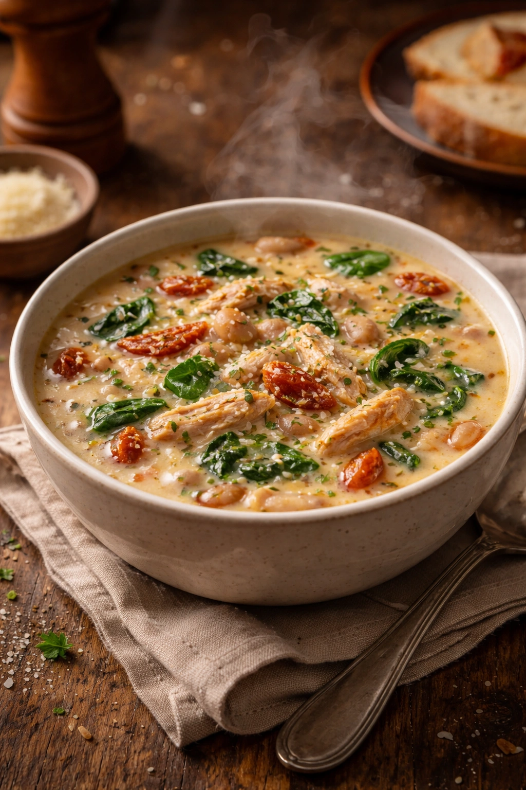Creamy Tuscan chicken soup in a bowl with steam