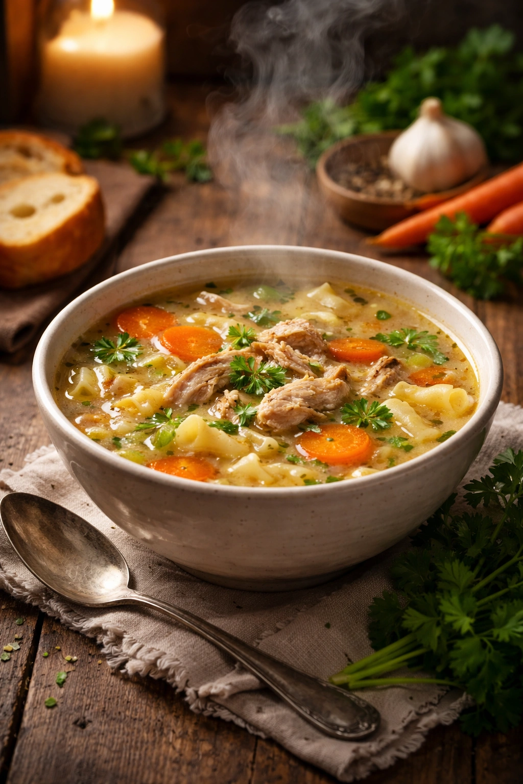 Cozy bowl of chicken soup with comforting ambiance and steam.