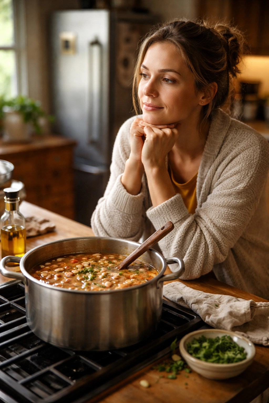 Contemplative cook beside ham and bean soup pot in warm kitchen, symbolizing final thoughts on flavor development