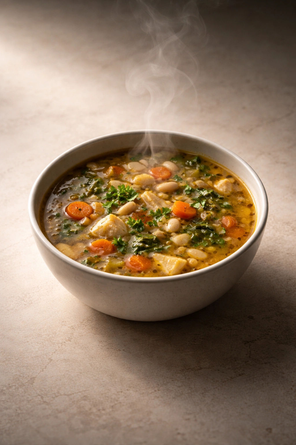 Solitary steaming bowl of soup on a clean surface