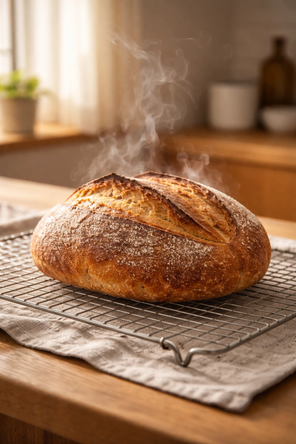 Sourdough loaf cooling on a rack in a calm warm-lit kitchen