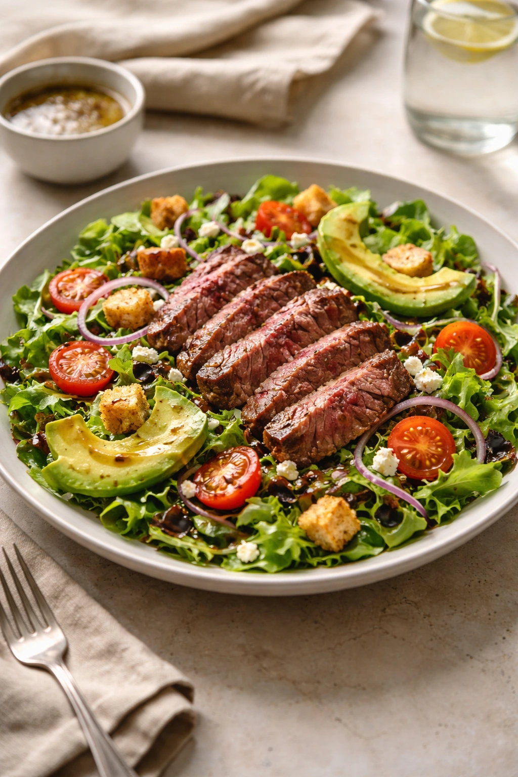 Close-up of plated steak salad highlighting greens, steak, avocado, and cheese with warm lighting