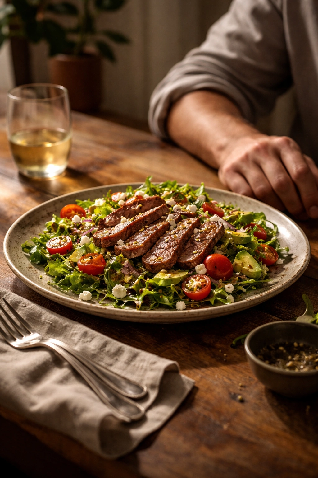 Finished steak salad on a plate in a calm dining setting with a resting hand nearby.