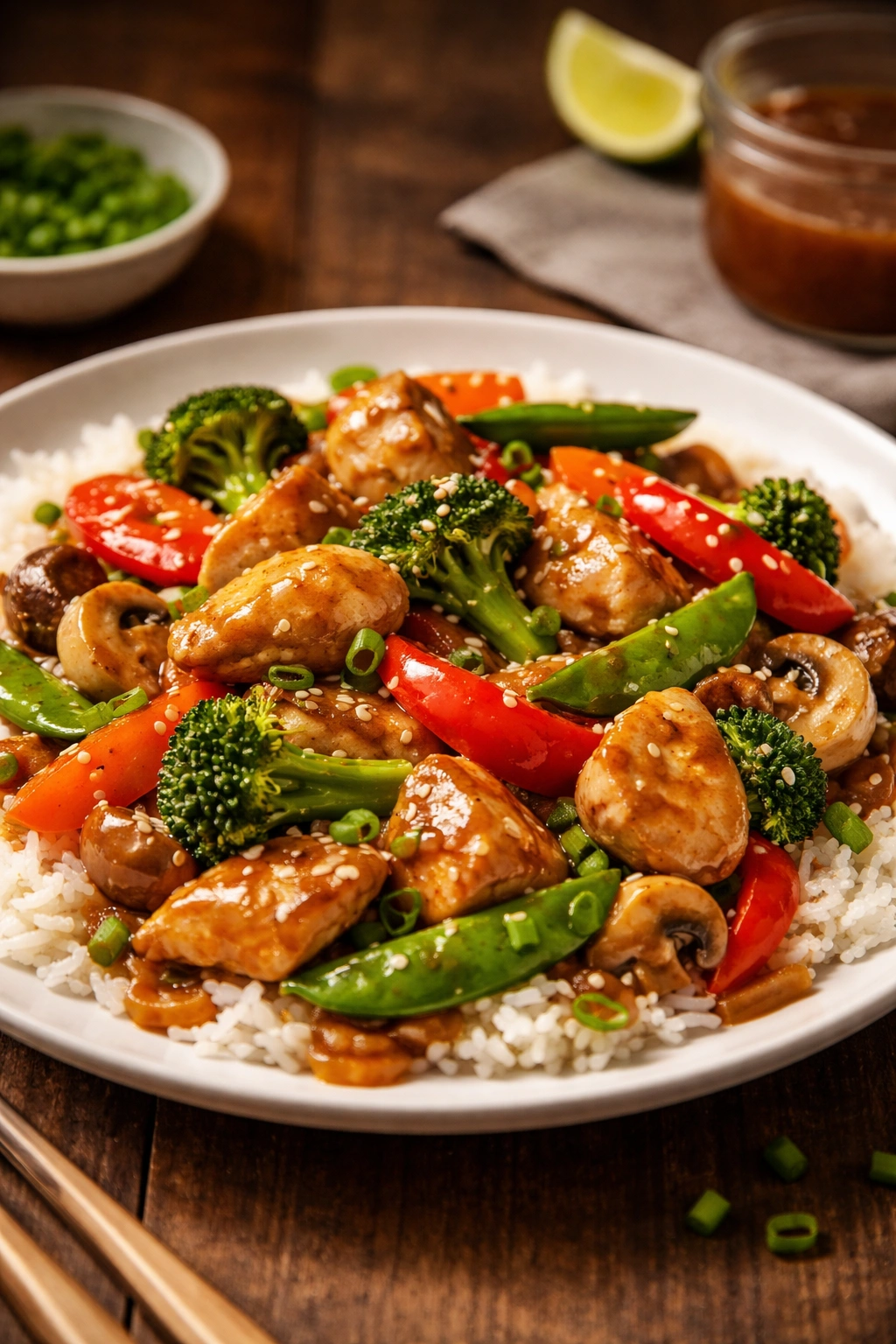 Finished stir-fry dish with glossy sauce on a clean plate