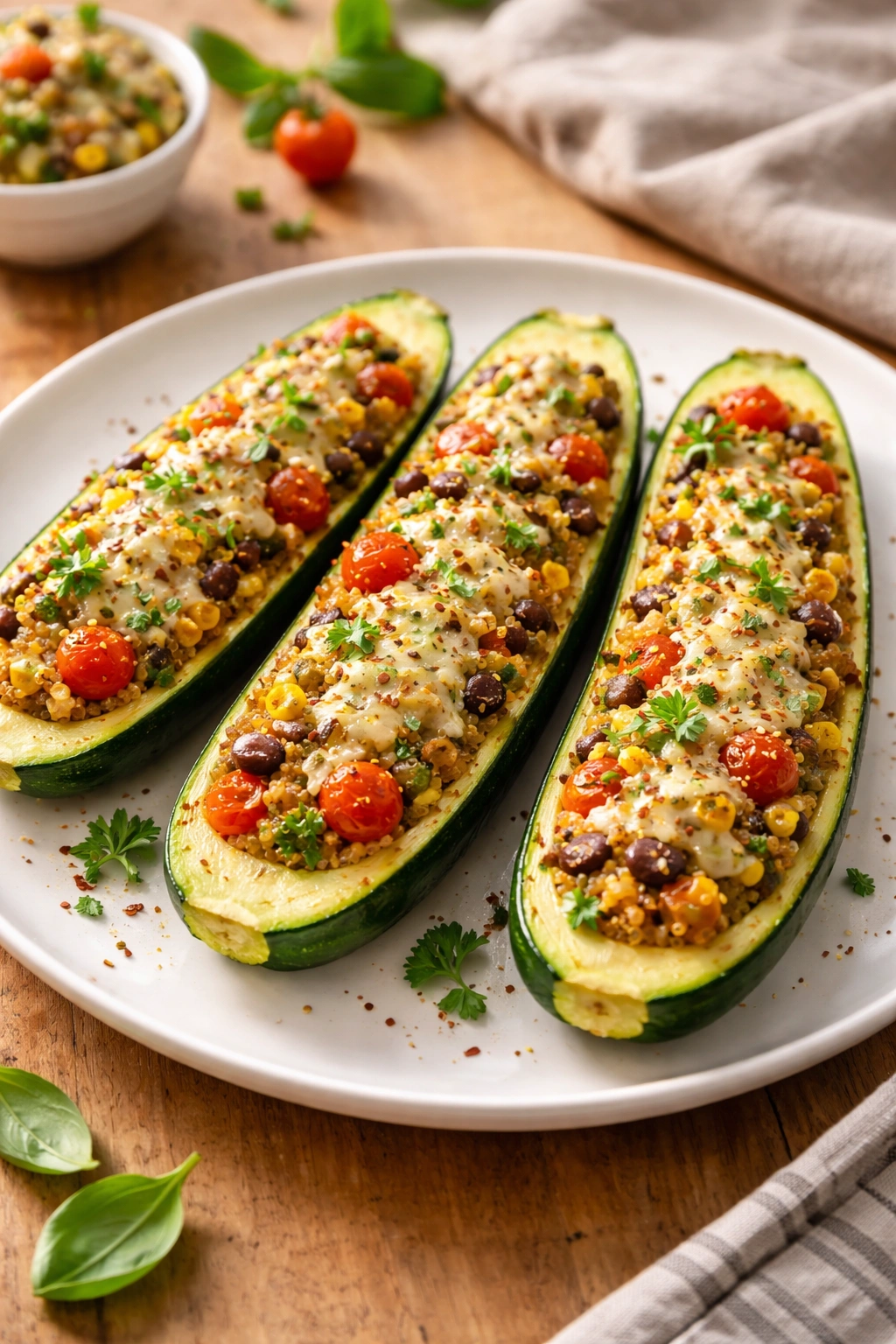 Finished stuffed zucchini boats on a plate under warm light