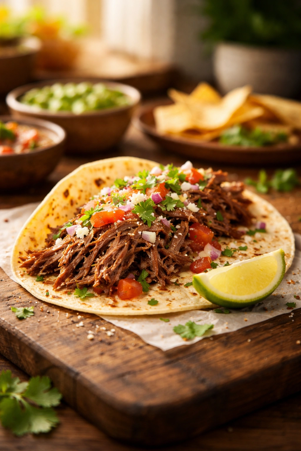 Plated shredded beef taco on a warm table with a soft kitchen backdrop