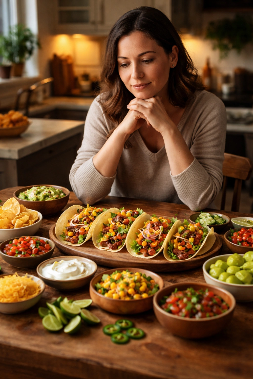 Person thoughtfully seated at a table with a taco toppings spread