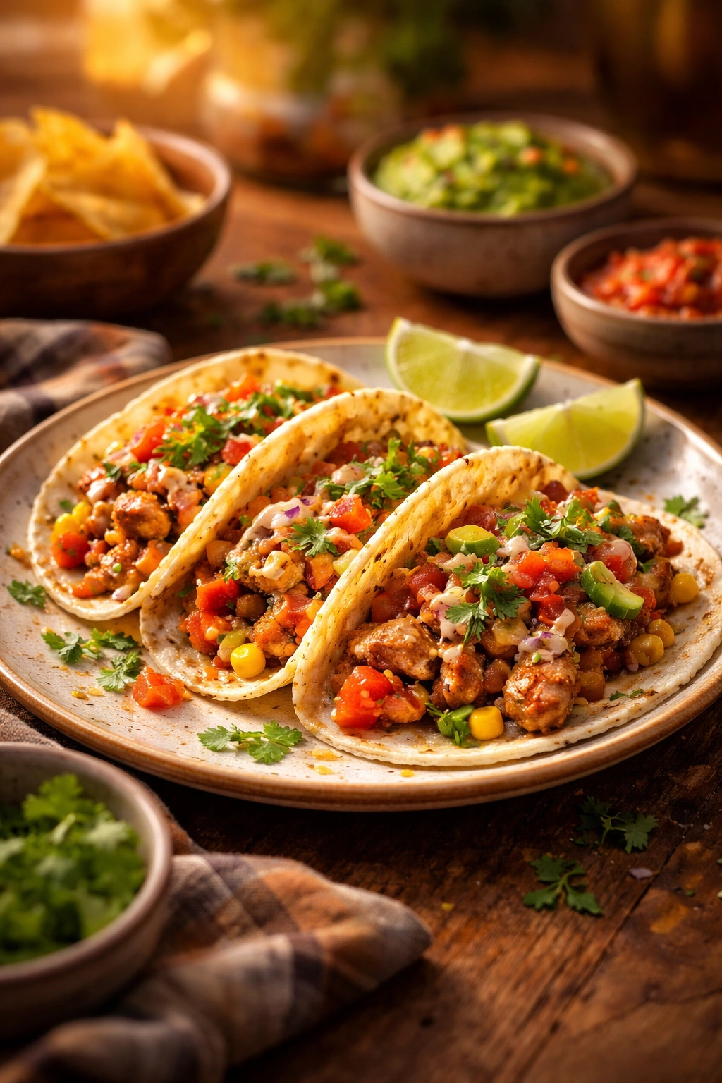 Plate of colorful tacos with fresh toppings on a wooden table in golden light