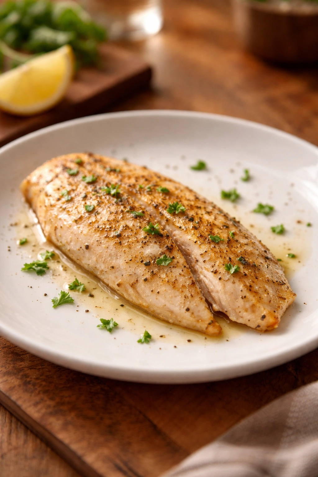 Close-up of a baked tilapia fillet on a white plate in a warm kitchen, ready for weeknight dinner