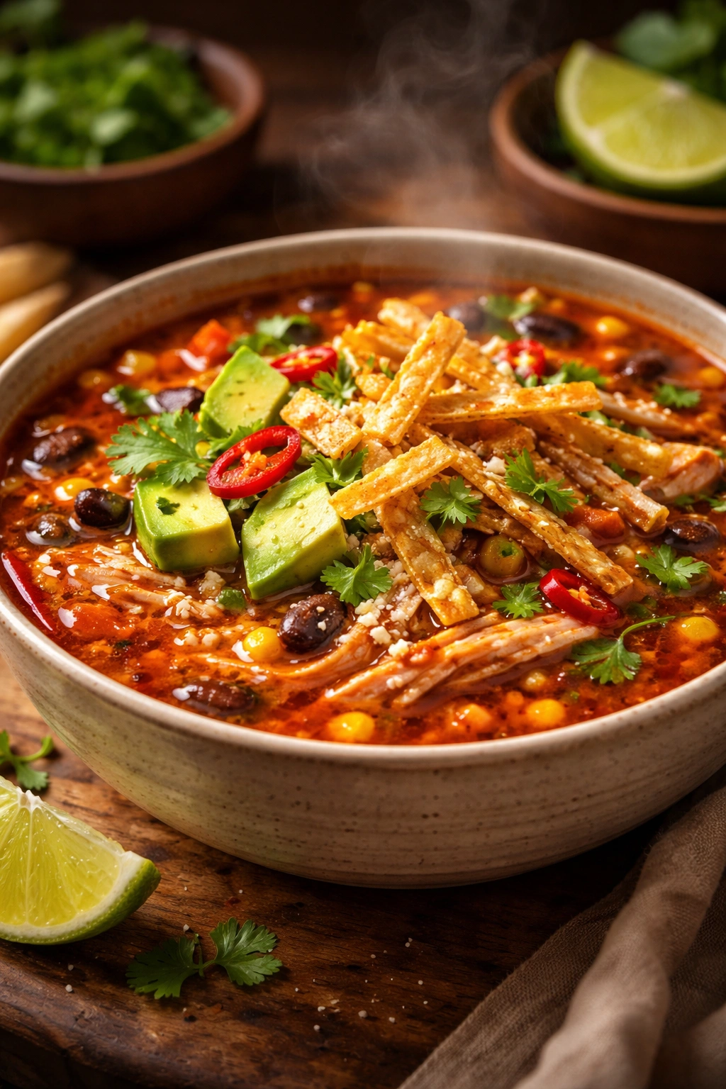 Finished tortilla soup with toppings steaming on a wooden surface