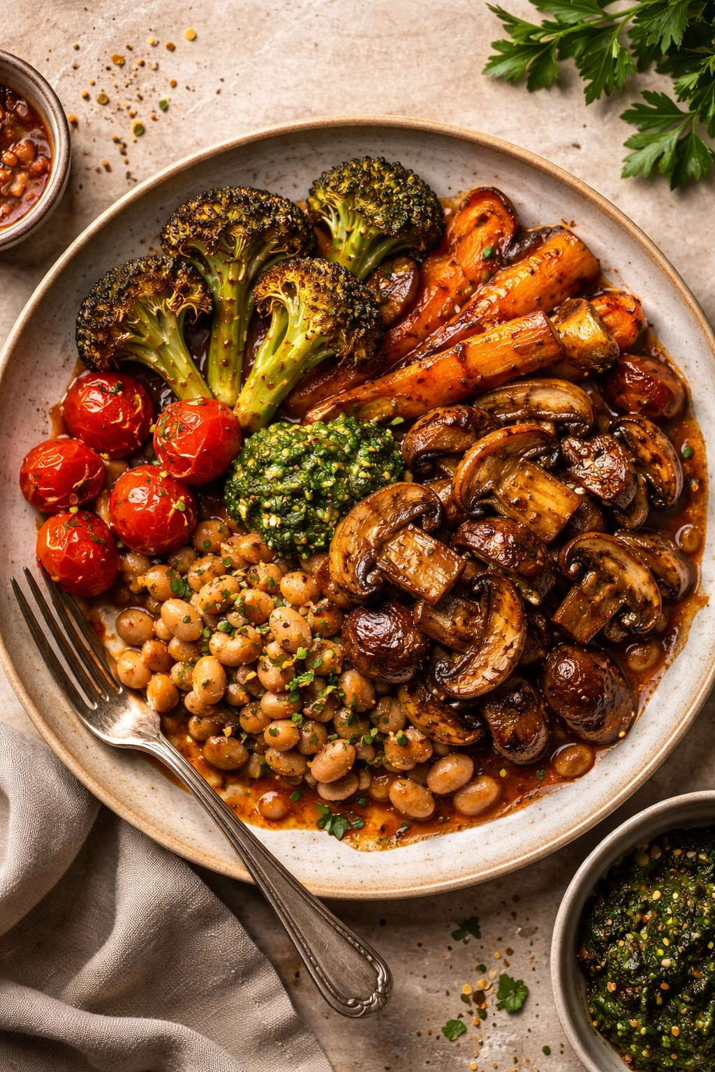 Plate of bold vegetarian dish showcasing mushrooms, beans, and caramelized vegetables