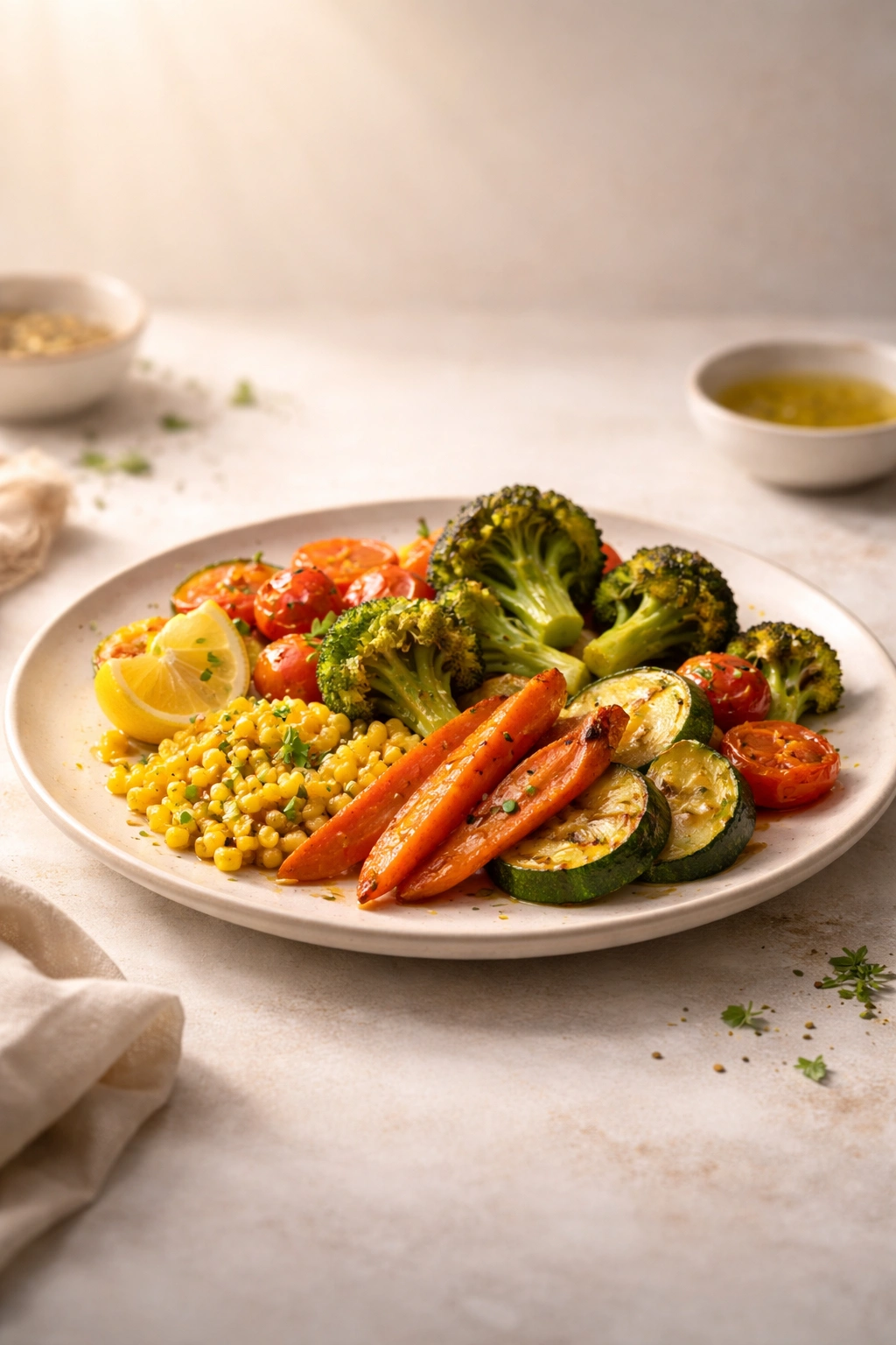 Abstract plate-centered composition representing final thoughts on veggie sides