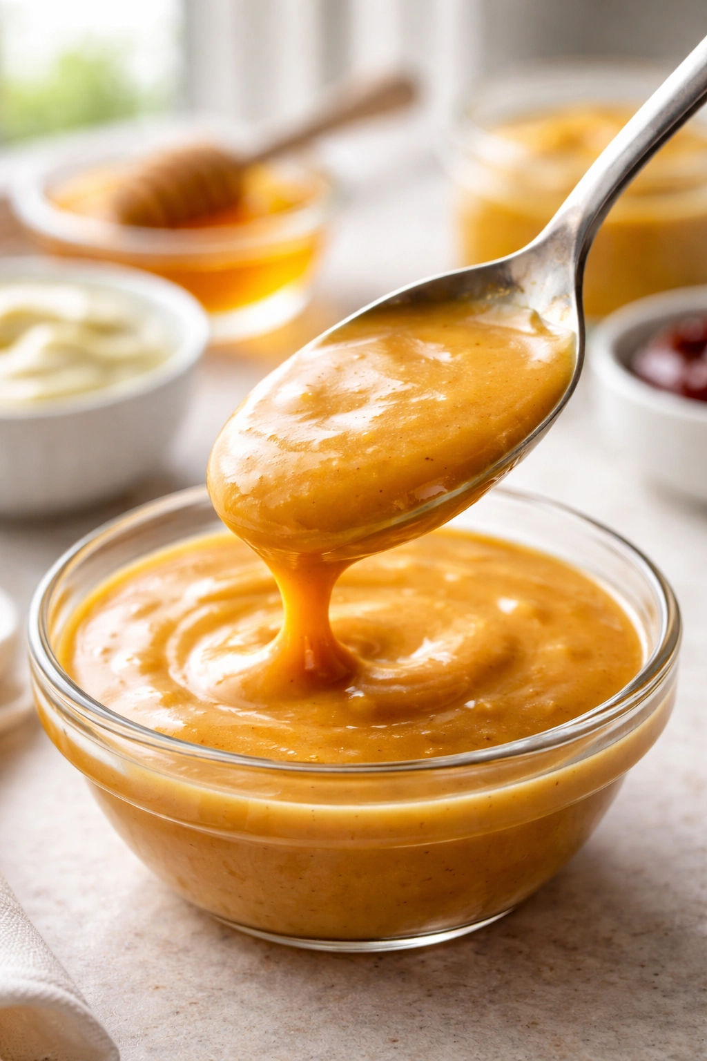 Glossy spoonful of sauce over a neutral background