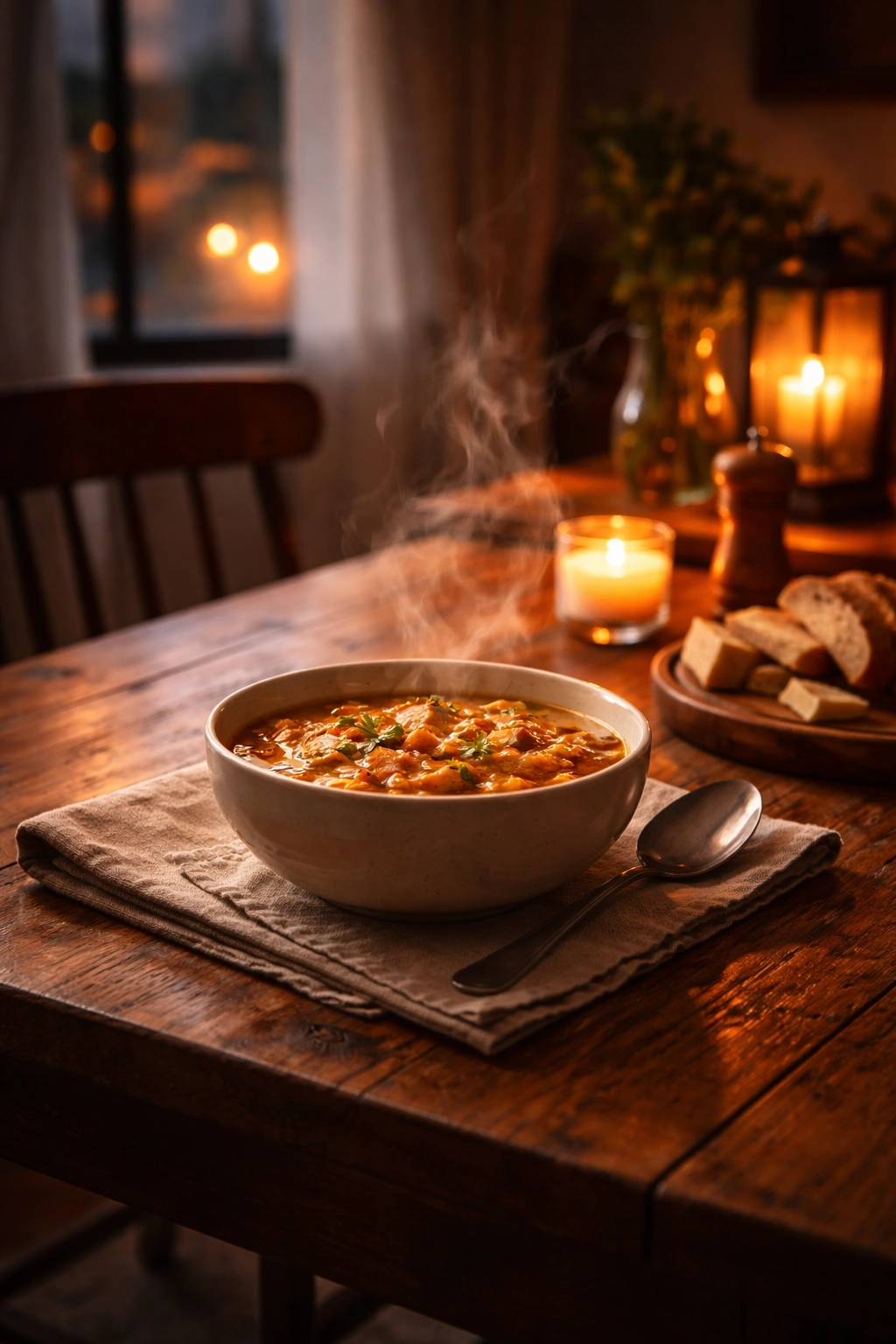 Cozy dining scene with a steaming bowl on a wooden table