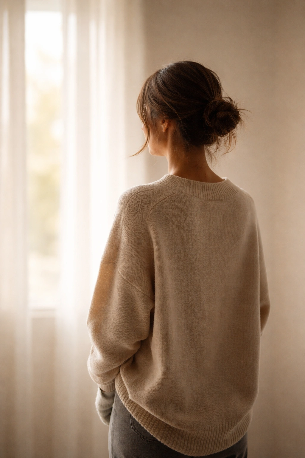 Solitary figure in softly lit minimal space representing final thoughts during a relaxed weekend morning