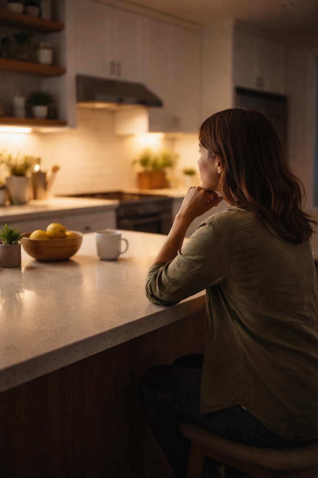 Thoughtful person in a quiet kitchen reflecting on weeknight meals