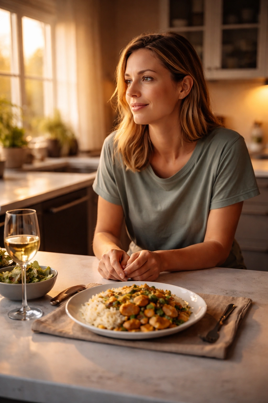 Person at kitchen island with plated weeknight dinner under warm light, contemplative mood