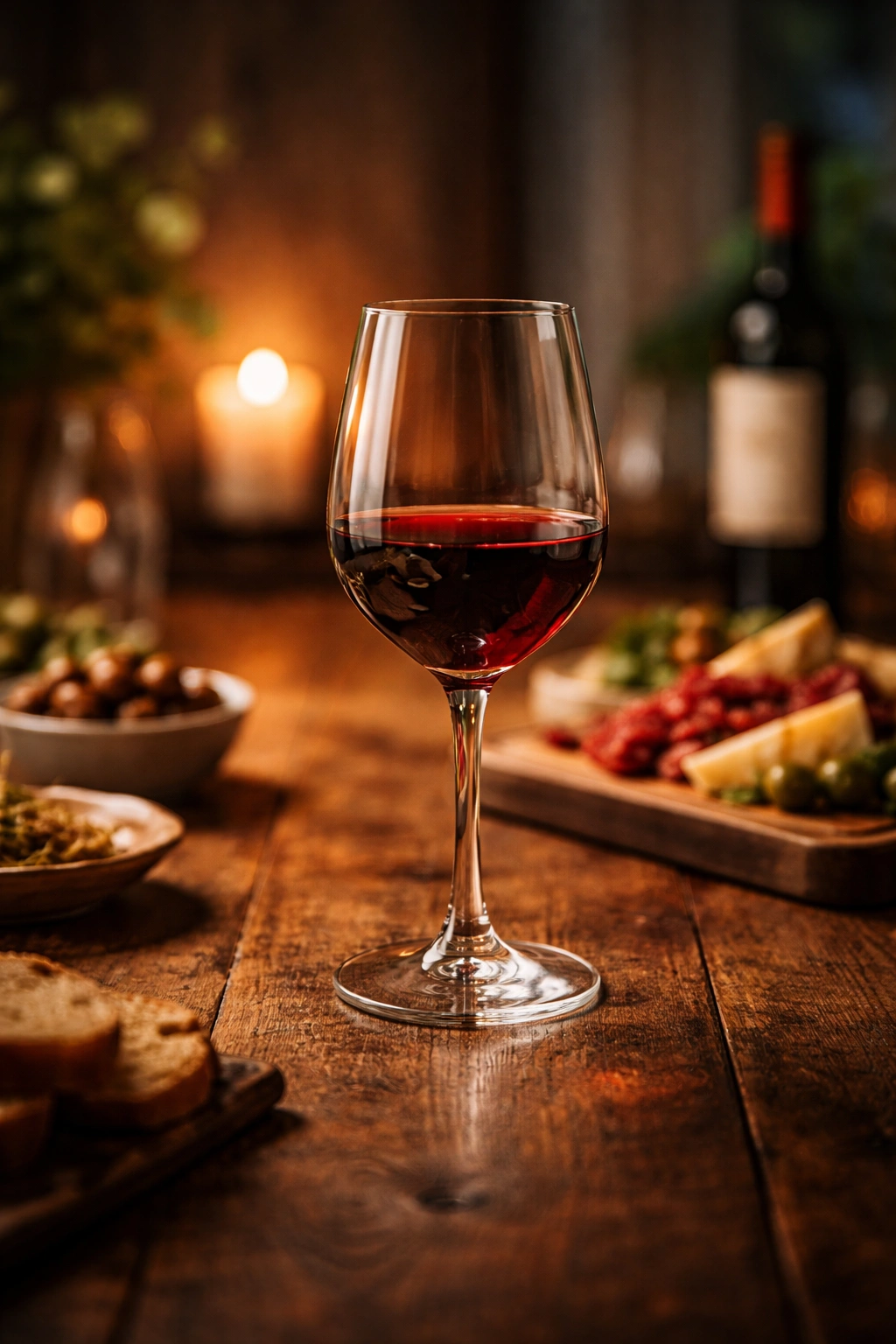 Close-up of a single red wine glass on a rustic wooden table with warm lighting