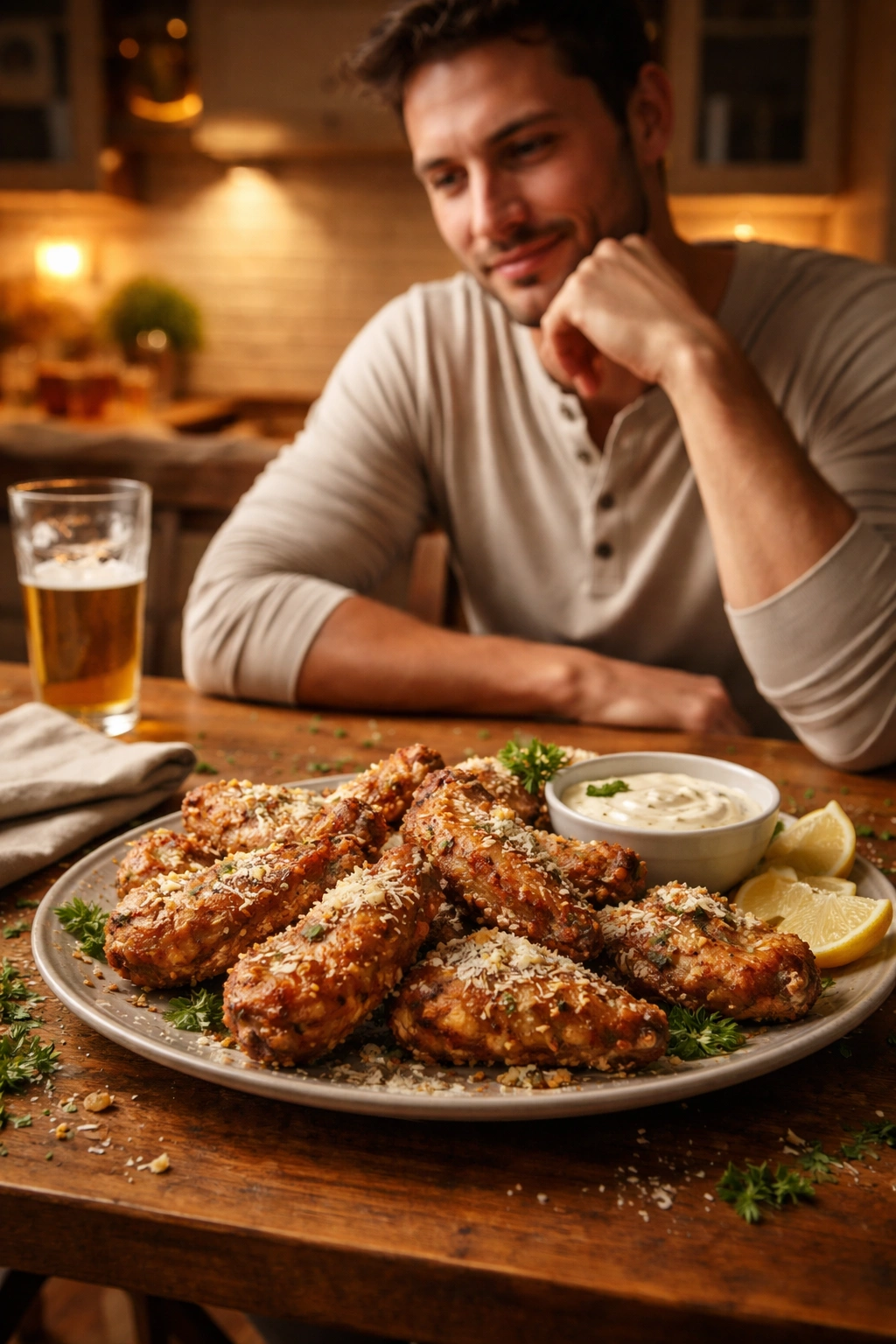 Contemplative moment over a plate of crispy garlic parmesan wings on a wooden table
