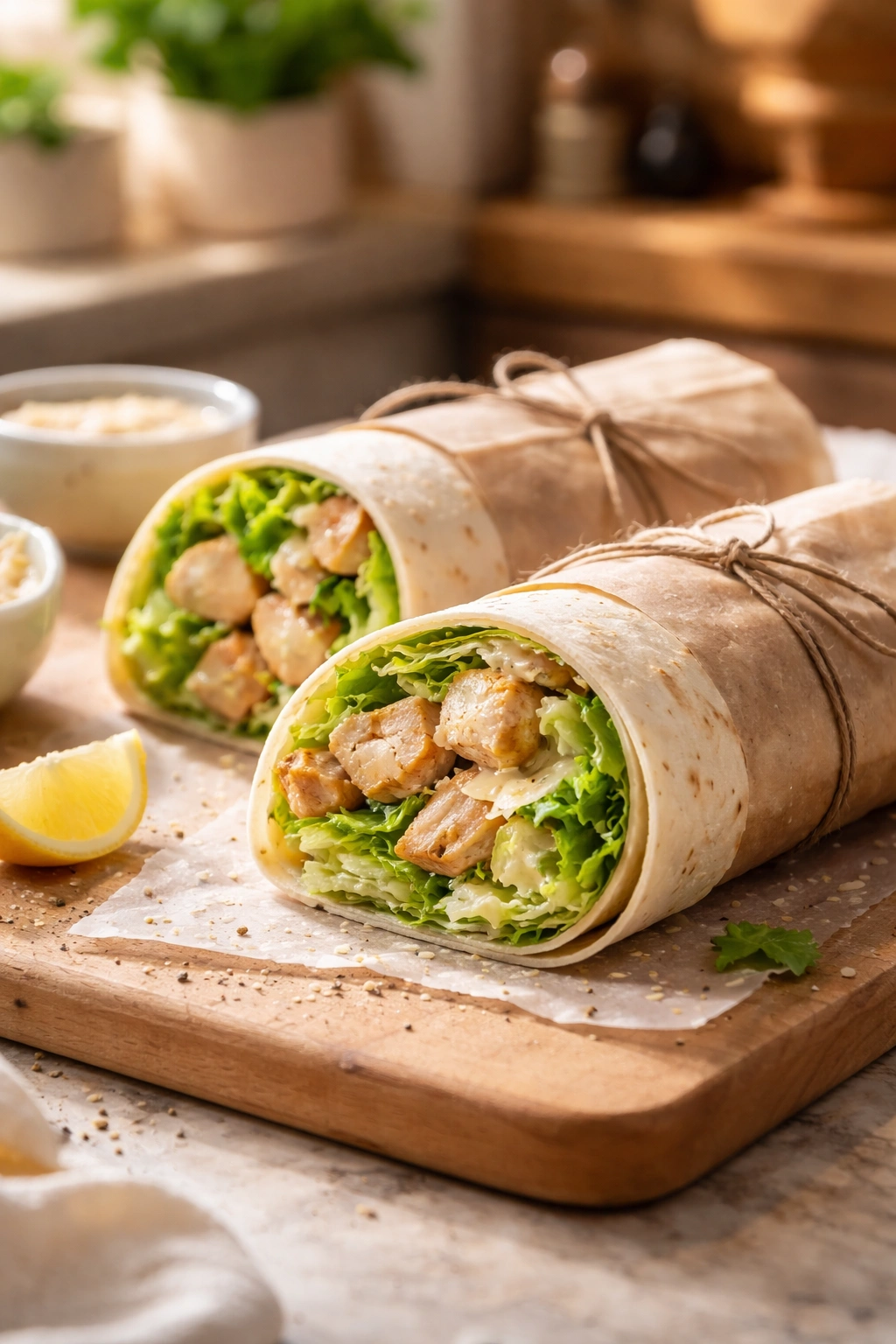 Finished chicken Caesar wrap on a clean counter, ready to eat