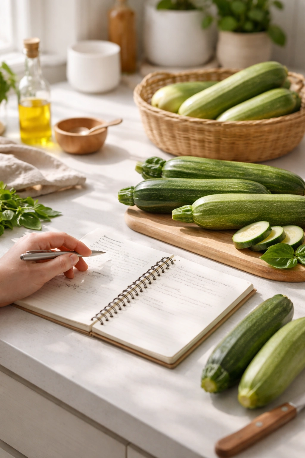 Final thoughts kitchen moment with zucchini and notebook