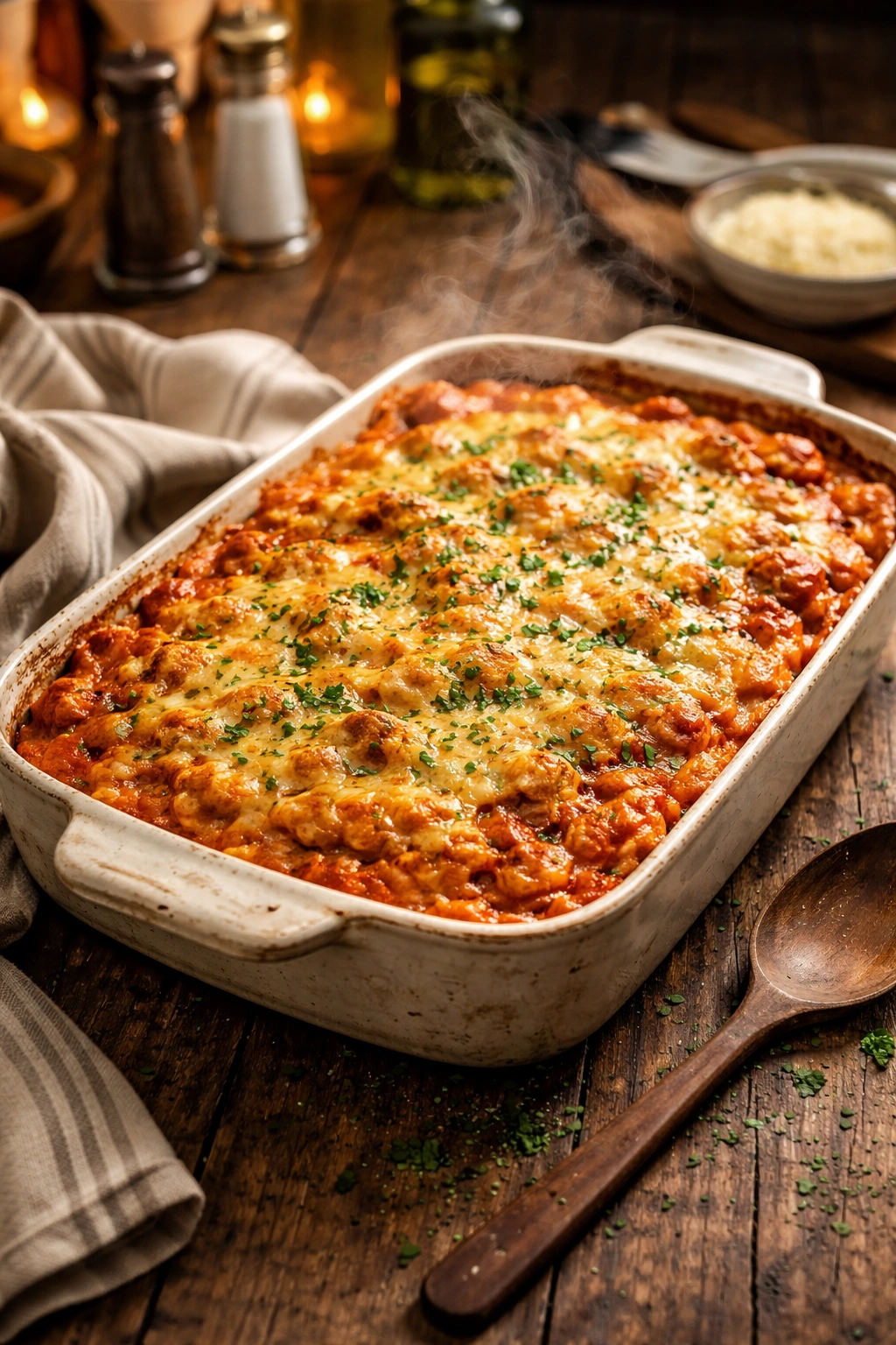 Bubbling casserole in a rustic dish on a wooden table under warm kitchen lighting