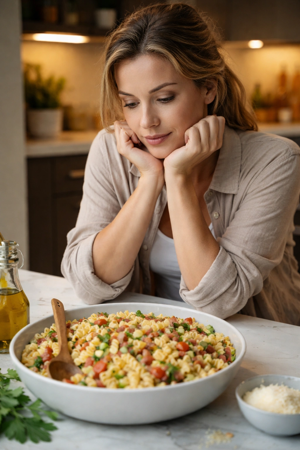 Close-up of a contemplative home cook at a modern kitchen island in warm light reflecting on the steakhouse pasta salad
