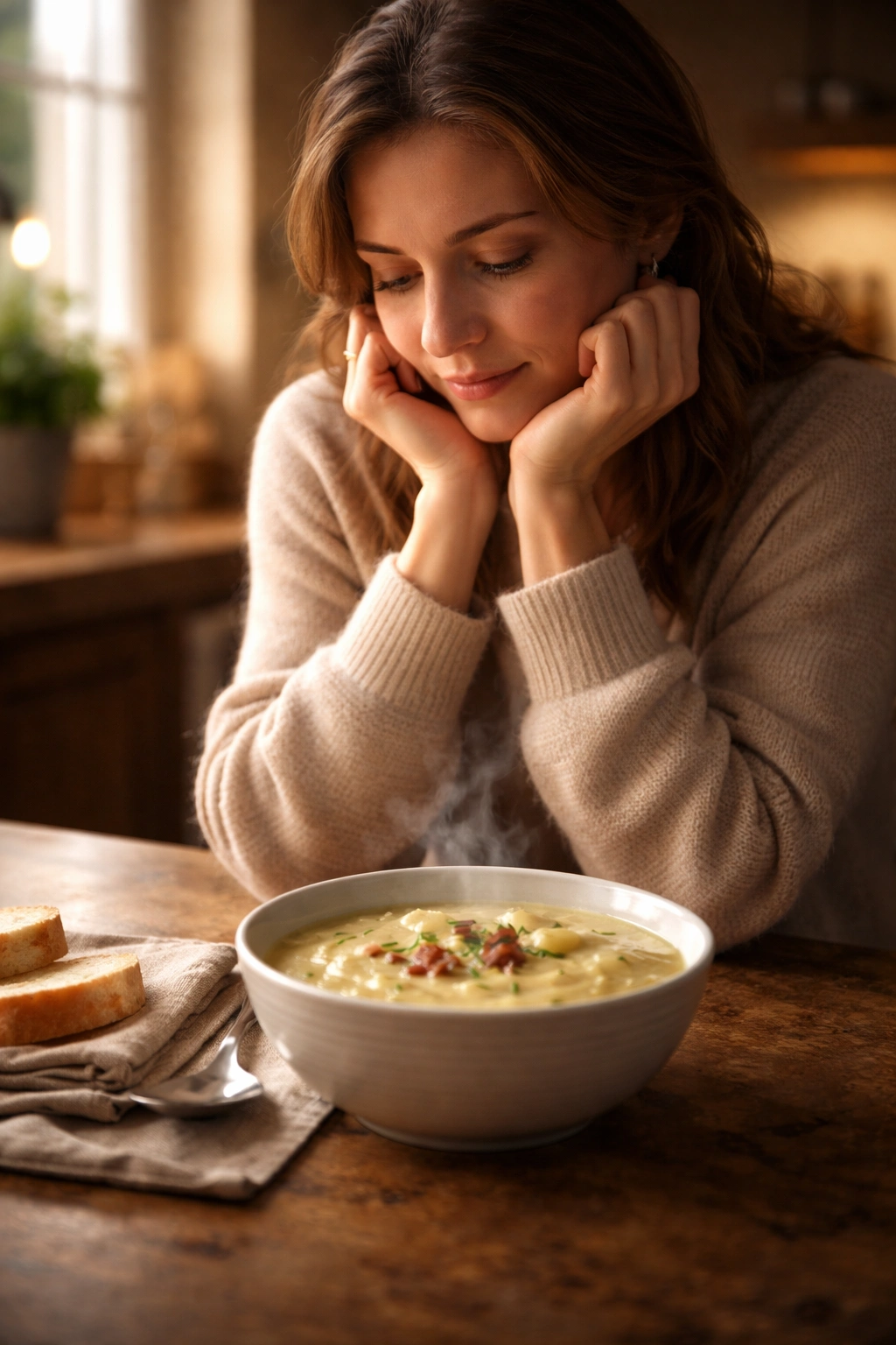 Contemplative person in a warm kitchen with a steaming potato soup bowl in soft focus