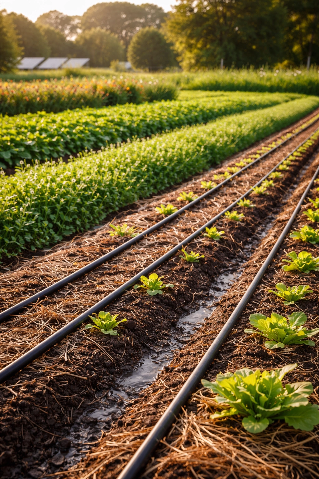 Healthy soil with drip irrigation and mulch promoting sustainability and cost control