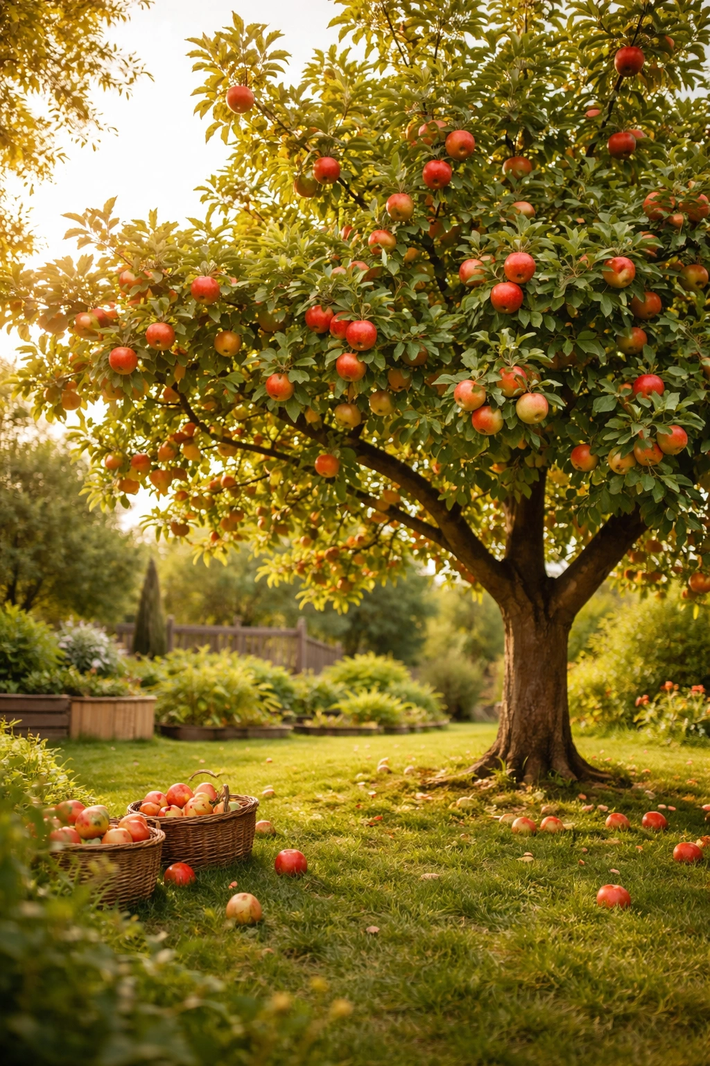 Mature apple tree bearing fruit in a sunlit backyard