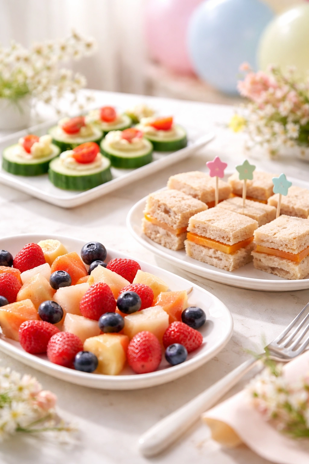 Close-up of a simple finger-food platter for a baby's party on a clean table