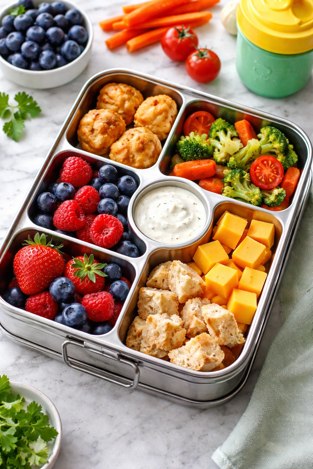 Lunchbox filled with bite-sized finger foods ready to pick up