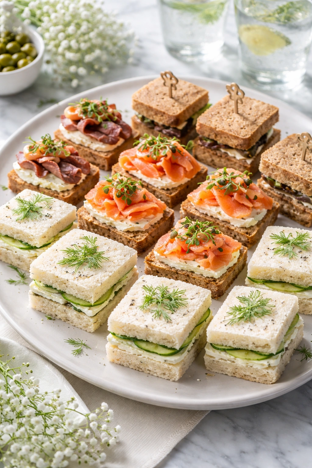 Assorted finger sandwiches on a platter with cucumber, smoked salmon, and roast beef fillings