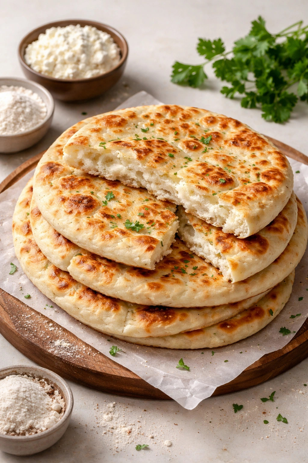 Finished cottage cheese flatbread showing golden crust and tender interior