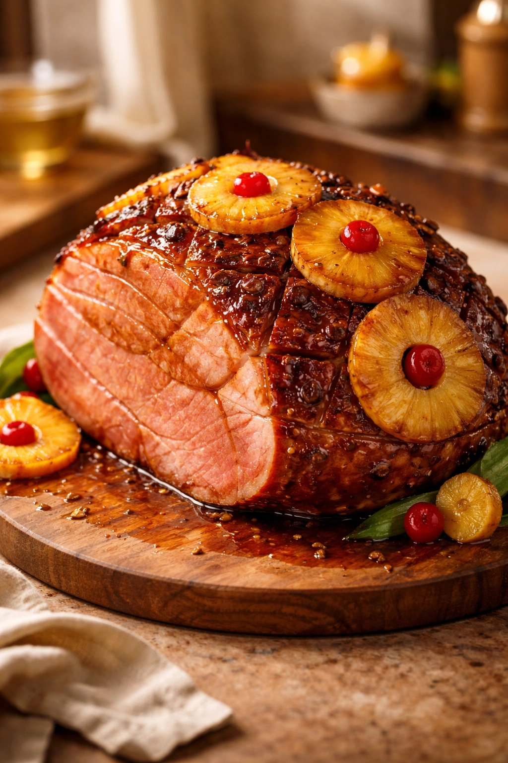 Finished glazed ham on wooden board
