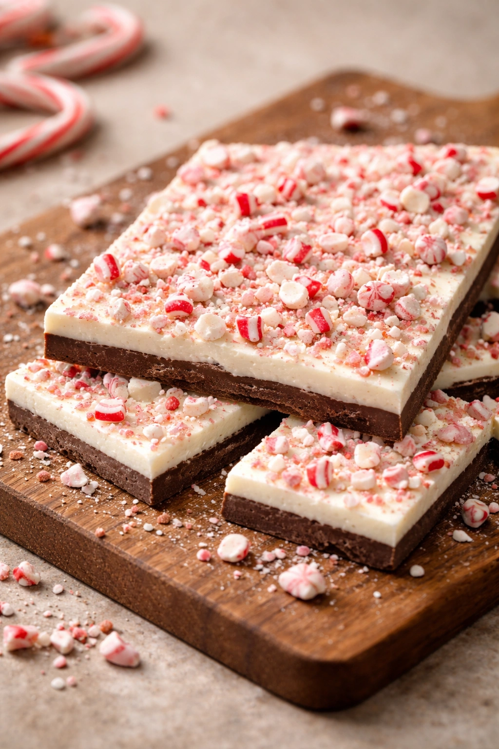 Finished peppermint bark slab with distinct layers on wood