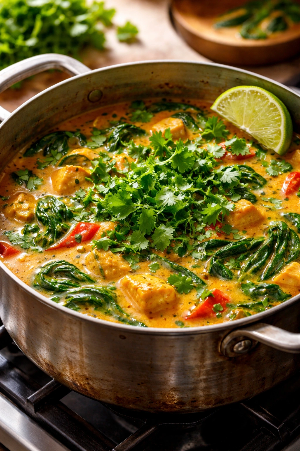 Close-up of curry finishing with cilantro, spinach, and lime